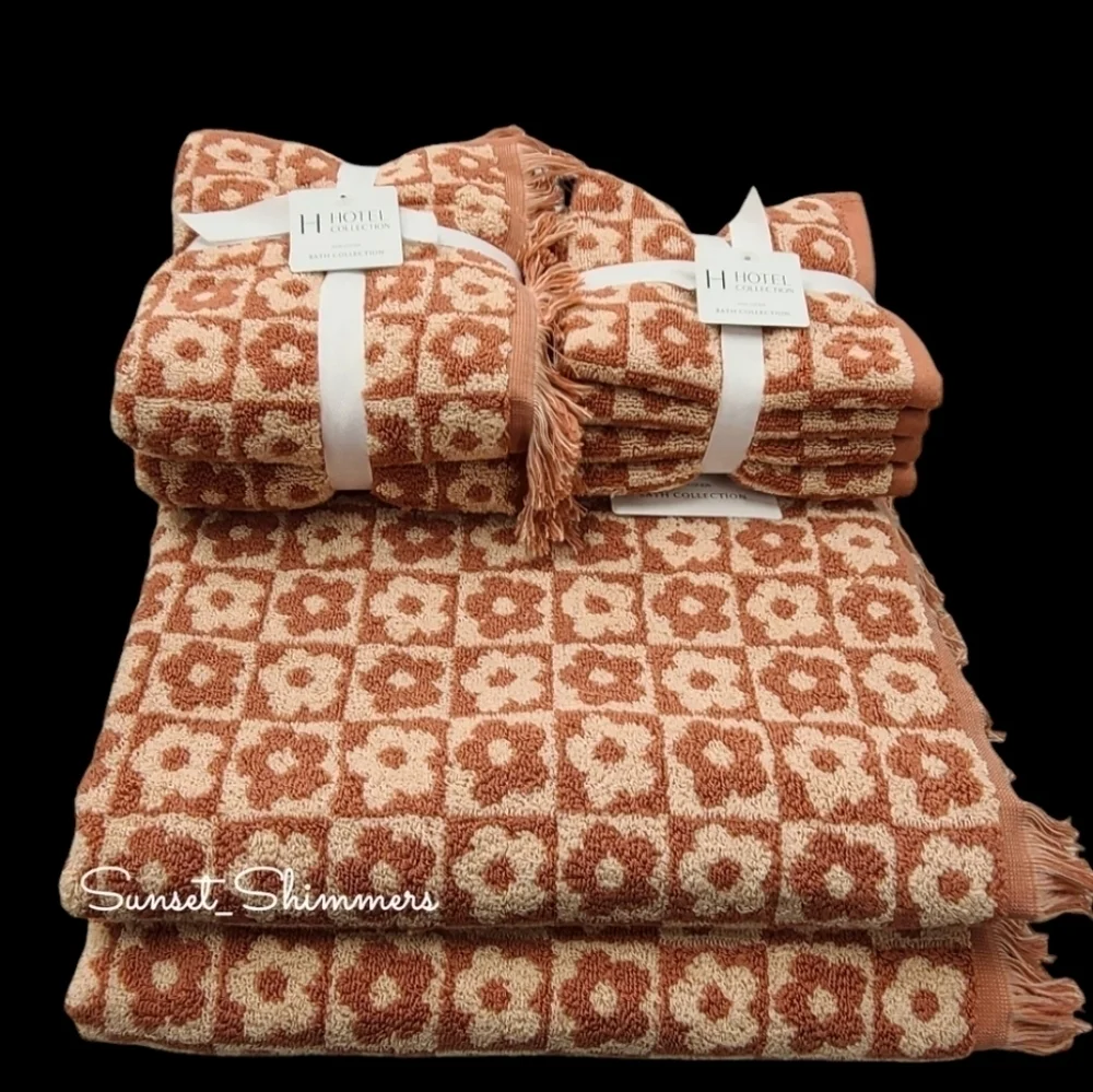 8pc Hotel Collection Spring Flowers Bath Hand Washcloth Towel Set Checkered New